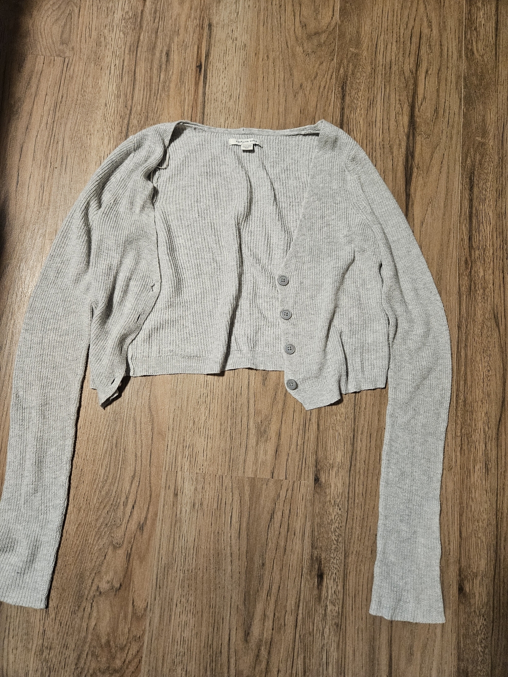 American Eagle Light Gray Cropped V-Neck Button Cardigan
